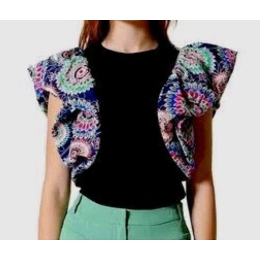Gracia Puff Shoulder Top Black Floral Flutter Sleeves Sz Small
